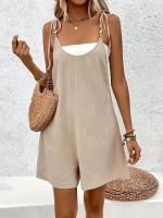 Mono informal sin mangas para mujer: mezcla ligera, color beige sólido con correas ajustables y detalles de botones, atuendo versátil para todas las estaciones para atuendo informal, ropa informal de verano |   Mono sin mangas |   Mono ligero - details 15