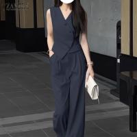 ZANZEA Conjunto De Verano Para Mujer 2 Piezas Top Irregular Y Pantalones De Pierna Ancha Moda Coreana Elegante Ropa De Oficina - details 5