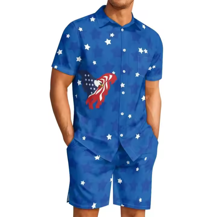 Impresión a pedido del conjunto informal de verano con estampado de bandera estadounidense, pantalones de solapa, camisa de cuello cubano de moda, pantalones cortos de playa - 1