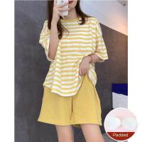 Conjunto de pijama de lata grande para mujer con almohadilla de verano estilo coreano moda suelta e informal estampado de rayas verdes ropa de casa - details 11