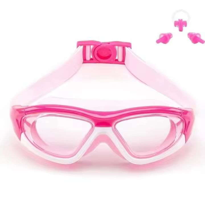 Gafas de Natacion de Visión ampliadas para niños (de 6 A 15 años), antivaho, sin fugas, Protección UV, con estuche gratis, tapones para los oidos con clip nasal, color rosa. - 1