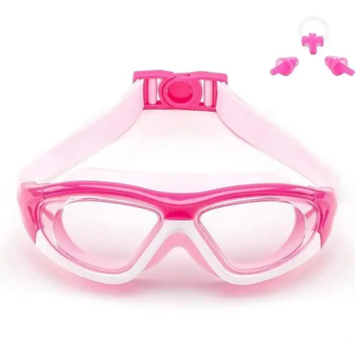 Gafas de Natacion de Visión ampliadas para niños (de 6 A 15 años), antivaho, sin fugas, Protección UV, con estuche gratis, tapones para los oidos con clip nasal, color rosa. - 1