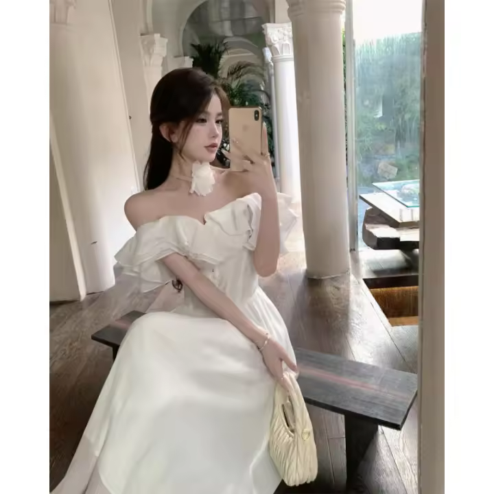 Vestido Largo de Hombros Suaves de Tencel de Alta Gama Moda de Verano 2025 con Encanto Francés de Hadas - 1