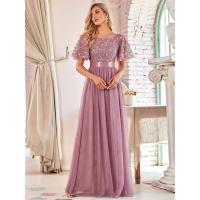 Vestido de noche de malla con cuello redondo y cintura elástica para una gran fiesta de vuelo, lrge prty - details 4