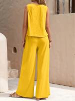 Conjunto de chaleco de cuello redondo y pantalones de pierna ancha para mujer, elegante, de dos piezas, color sólido, 2025 - details 6