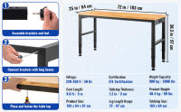 SucceBuy Banco de trabajo de altura ajustable, mesa de garaje con tomas de corriente, tapa de madera dura, estructura de metal, ruedas giratorias - details 3