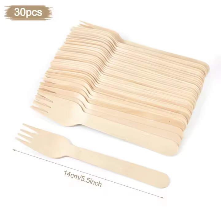 Juego de cubiertos de madera desechables, cuchara, tenedor, cuchillo, vajilla rústica para boda, fiesta de cumpleaños, suministros de decoración, cuchara para pastel de postre - 1