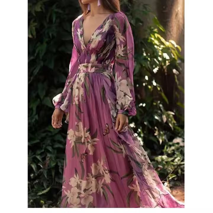 Vestido de Mujer Estampado Floral de Primavera/Verano Manga Acampada, Cuello en V, Moda Casual - 1