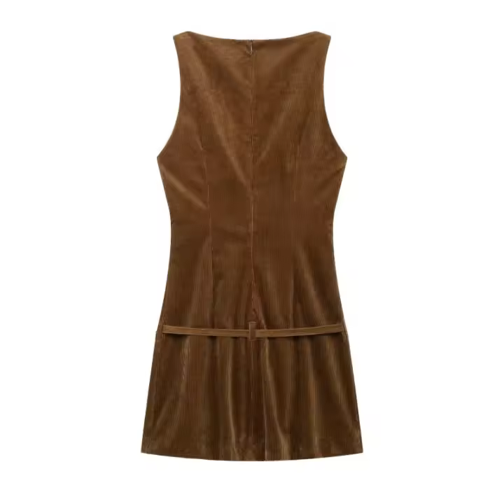 Mujer color sólido versátil con cinturón color sólido vestido de pana cordura - 1