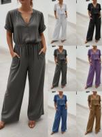 Top holgado sin mangas de lino y algodón para mujer, pantalones de pierna ancha, conjunto de dos piezas, informal de tres piezas - details 1