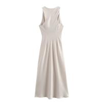 Vestido largo plisado sin mangas para mujer, prenda de seda con textura satinada, cuello redondo, elegante y a la moda - details 5