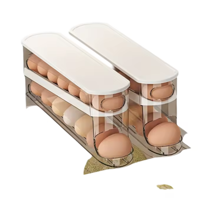 Caja de almacenamiento de huevos rodante para puerta lateral de refrigerador que ahorra espacio - Plástico duradero, no necesita pilas, compartimentos transparentes de 2 niveles para fácil acceso y organización de huevos, organizador de cocina y refrigera - 1