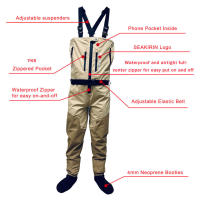 Vadeadores de pesca con cremallera y pecho resistente, transpirables, con sellado de costuras, cinturón ajustable, calcetines de neopreno de 4 mm, pantalones de vadeo de caza con cremallera frontal impermeables para hombres - details 4