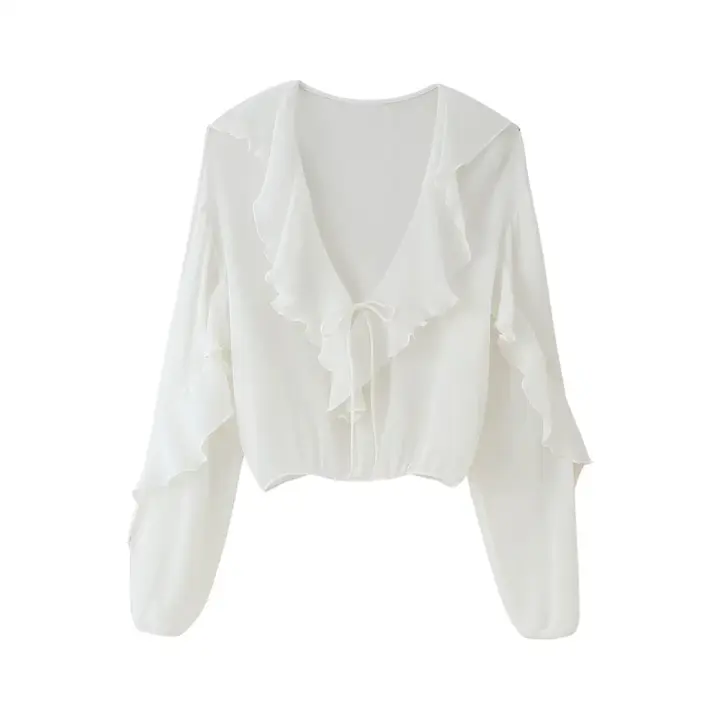 Camisa holgada de manga larga con decoración en capas y cuello en V, estilo informal dulce, nueva ropa de verano para mujer 2025 - 1