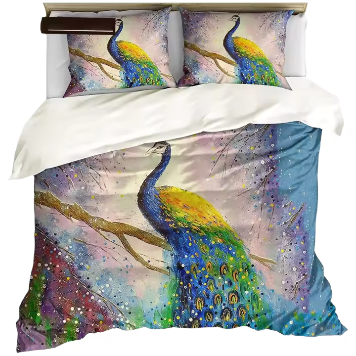 Juego de funda nórdica de pavo real, juego de cama de plumas de arcoíris para decoración de dormitorio, funda de edredón de poliéster teñido anudado Hippie, tamaño doble Queen - 1