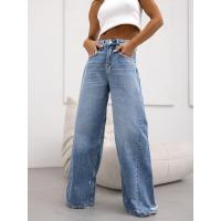 Vaqueros rectos de pierna ancha para mujer, pantalones vaqueros azules con cintura alta y diseño desgastado - details 5