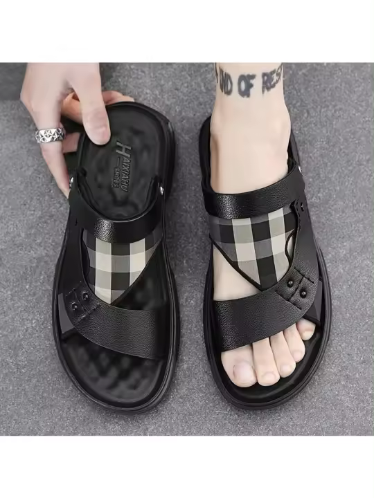 Sandalias de los hombres de la primera capa de cuero de vaca, zapatos de playa de suela suave, cojín de látex de los hombres de verano, nuevas dos zapatillas de desgaste, sandalias al aire libre - 1