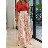 Women casual 2 pieces set elegant v neck short sleeve tops and print wide leg pants - details 2