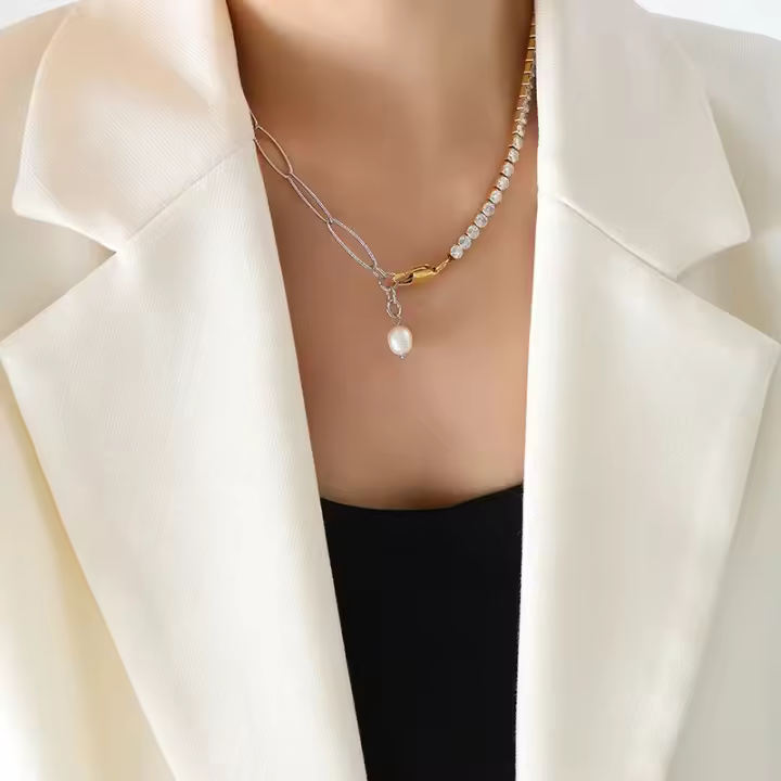 Collar de cadena con incrustaciones de circonita y perla de agua dulce, diseño minimalista de nicho, cadena para clavícula, muy vendido. - 1