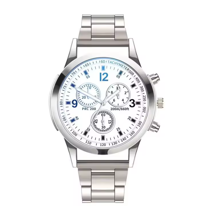 Reloj de hombre de regalo de cuarzo con banda de acero de tres ojos de cristal claro azul colorido - 1