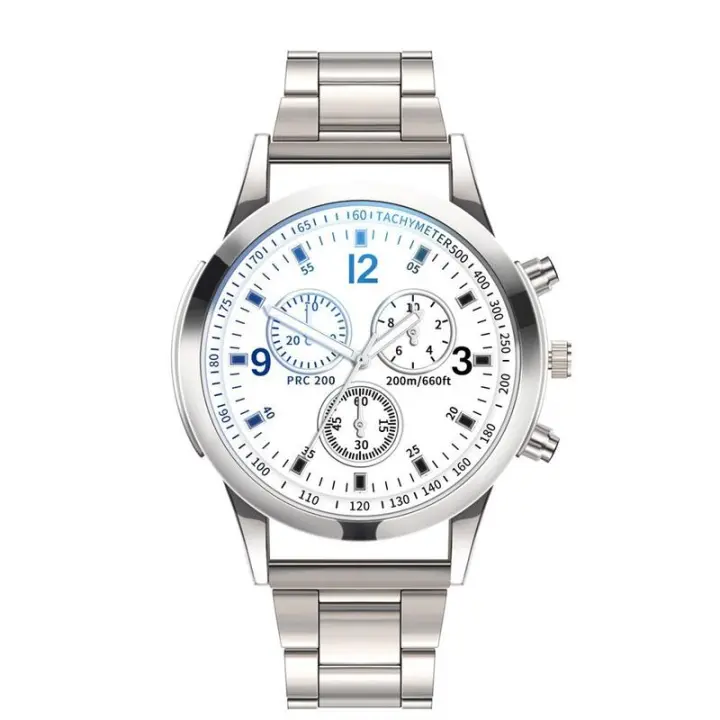 Reloj de hombre de regalo de cuarzo con banda de acero de tres ojos de cristal claro azul colorido - 1