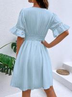 Vestido Blanco Puro de Verano Cintura de Encaje con Parche de Moda Cuello en V Manga Corta - details 5