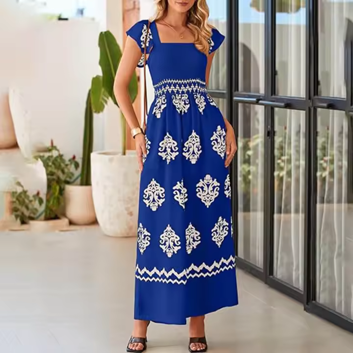 Mono bohemio para mujer, mangas estampadas, cintura alta, mono de pierna ancha, con bolsillos, 2025 - 1