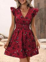 Chaleco elegante con estampado de flores, vestido acampanado para mujer, minifalda con cuello en V, vestidos elegantes para vacaciones - details 4