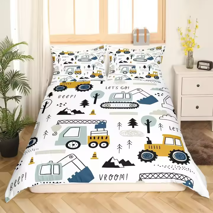 Juego de Ropa de Cama de Excavadora Amarilla Tema de Coche Retro para Niños Material de Poliéster - 1