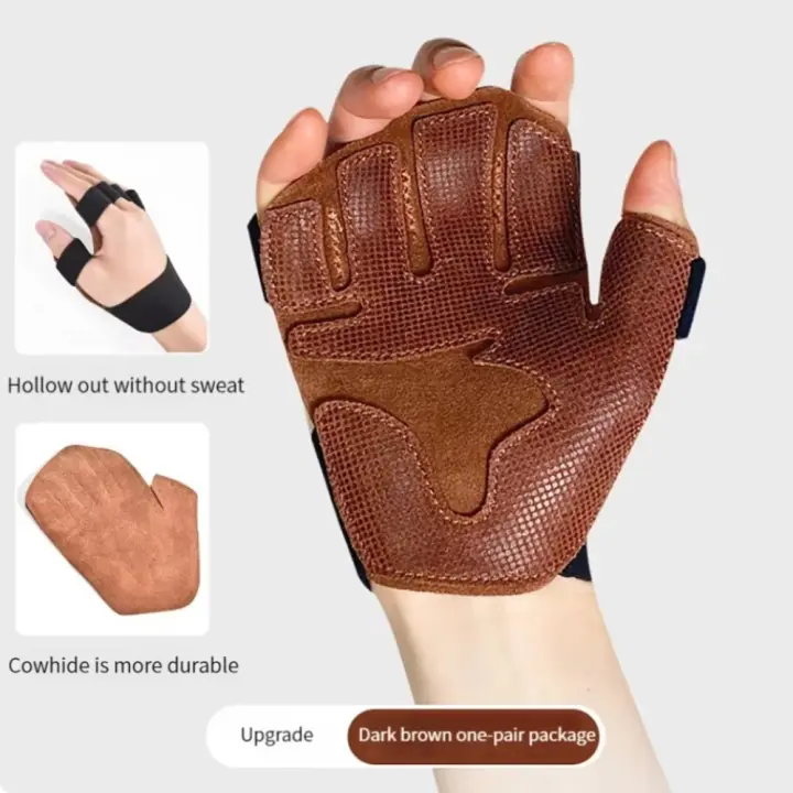 Guantes de piel de vaca para levantamiento de pesas, antideslizantes, transpirables, ventilados, pulsera para gimnasio, dominadas, guantes de entrenamiento para Fitness, 1 par - 1