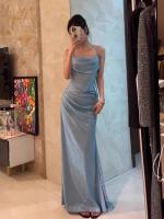 Novedad de verano, diseño de noche de banquete para ocasiones formales francesas con cintura ceñida, vestido con tirantes azules para mujer 4178 - details 5