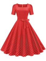 Vestido midi elegante informal para mujer con lunares, cuello Peter Pan, cintura alta y corte en A - details 26
