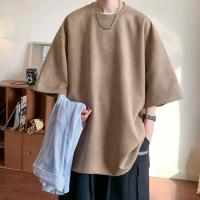 Camiseta de manga corta de gamuza pesada para hombre, camiseta informal holgada de talla grande con manga de cinco cuartos, ropa cómoda de verano para hombre - details 1