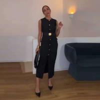 Vestidos elegantes lisos de un solo pecho con cuello redondo sin mangas y bolsillos vestido a media pierna ajustado para oficina para mujer verano 2025 - details 10