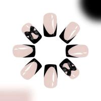24 piezas de uñas cortas con lazo de almendra, perlas blancas y negras, puntas francesas dulces, uñas postizas artificiales - details 1