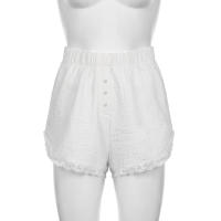 Pantalones cortos básicos cómodos e informales sueltos con botones de cintura elástica tejidos a rayas de verano para mujer - details 28