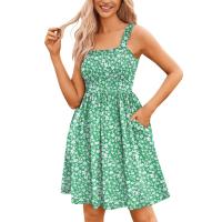 Vestido de verano para mujer, vestido informal sin mangas con cuello cuadrado floral con Mini vestido con bolsillos oscilantes - details 4