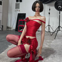 BUNO-Conjunto de 2 piezas con apliques florales para mujer, traje fruncido con detalle de volantes, top sexy y falda a juego - details 2