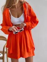 Conjunto de dos piezas de camisa de manga larga con cuello vuelto, botones y bolsillo, y pantalones cortos anchos de pierna, de algodón, estilo primaveral/veraniego. - details 20