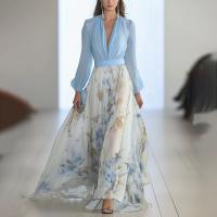 2025 Nueva Ropa mujer, Vestido largo estampado cuello pico, Azul - details 6
