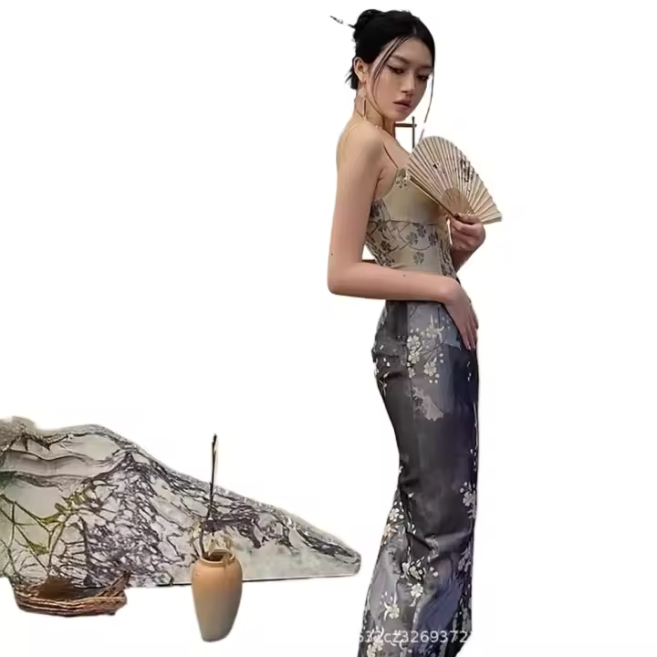 Primavera nuevo vestido camisola estampado estilo puro deseo francés, versión mejorada, vestido qipao de alta gama - 1