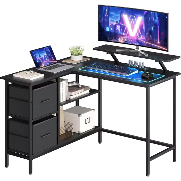 Esquinero, con 2 Cajones Amplios, Mesa con Soporte para Monitor, para Esquina, con Estante - 1