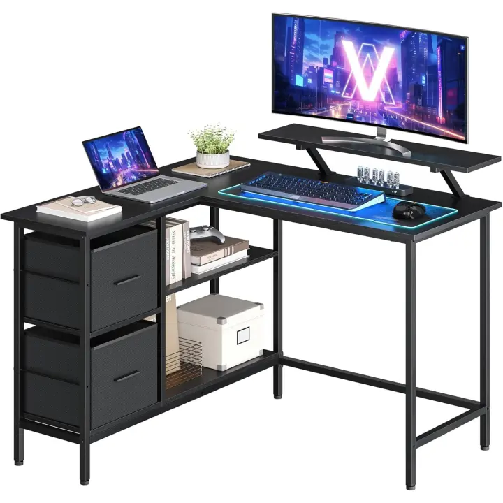 Esquinero, con 2 Cajones Amplios, Mesa con Soporte para Monitor, para Esquina, con Estante - 1