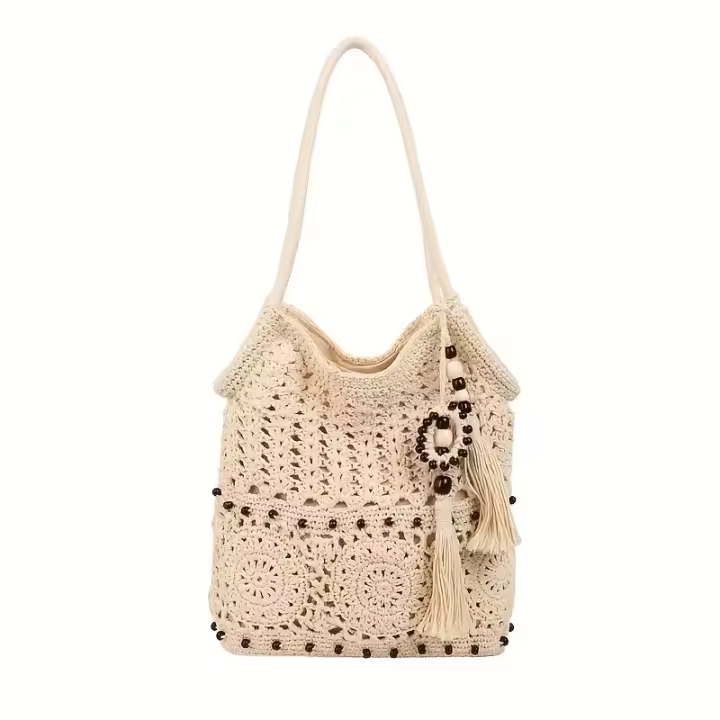 Bolso tejido de hilo de moda con borlas de cuentas de madera, un nuevo bolso de paja con diseños recortados, perfecto para vacaciones y salidas a la playa, un accesorio versátil para mujeres. - 1