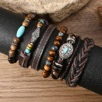 Conjunto de 6 pulseras boho madera cuentas vintage cabeza de toro ojos plumas multicapa artesanales regalos para hombre - details 9
