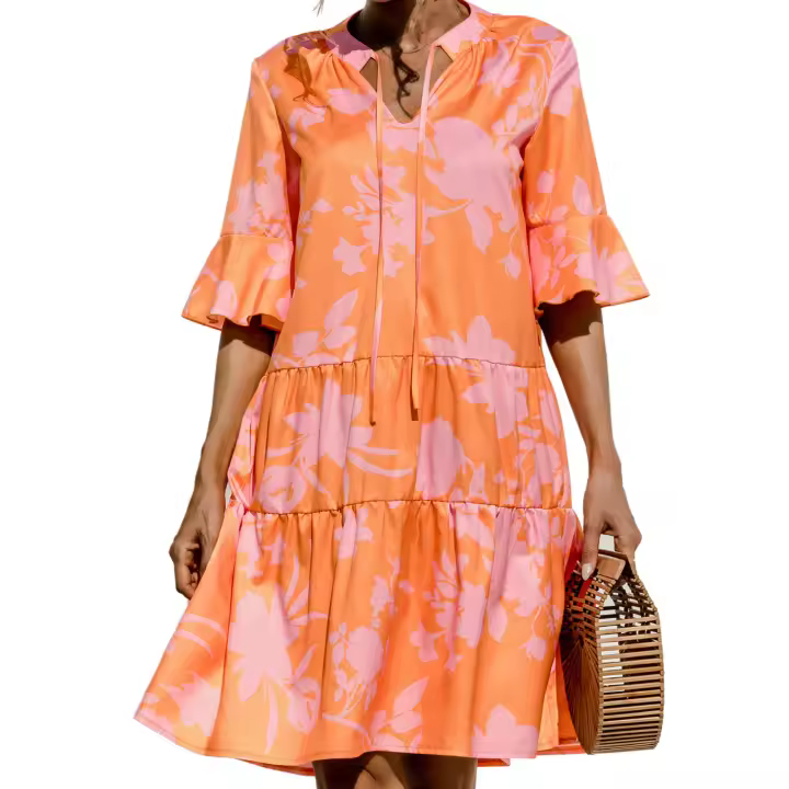 Vestido midi floral de verano para mujer, babydoll con volantes, diseño de patchwork en capas para citas diarias, traje de compras - 1