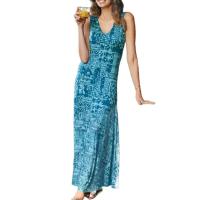 Vestido femenino informal de playa holgado con dobladillo ancho y cuello en V sin mangas estilo bohemio Vintage con estampado geométrico para mujer - details 6