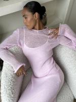 Primavera otoño cuello redondo elástico vestidos largos de punto mujeres 2025 elegante suave señora ahuecado suéter vestidos mujer nuevo - details 2