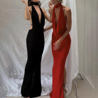 BUNO-Vestido con cuello Halter y huecos de gato extraño para mujer, vestido Sexy sin mangas con aberturas y cuello bajo, vestido ceñido largo coqueteo para banquete de medianoche - details 2