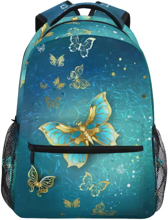 Mochila de lona de mariposa para niños y niñas, mochilas escolares de color turquesa y dorado, bolsa de día para libros - 1